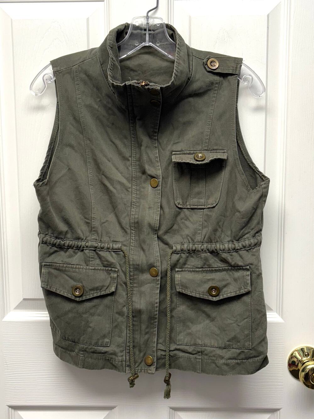 Cargo Utility Vest Olive Green Drawstring Waist Full Zip Snaps Women’s Size M/L